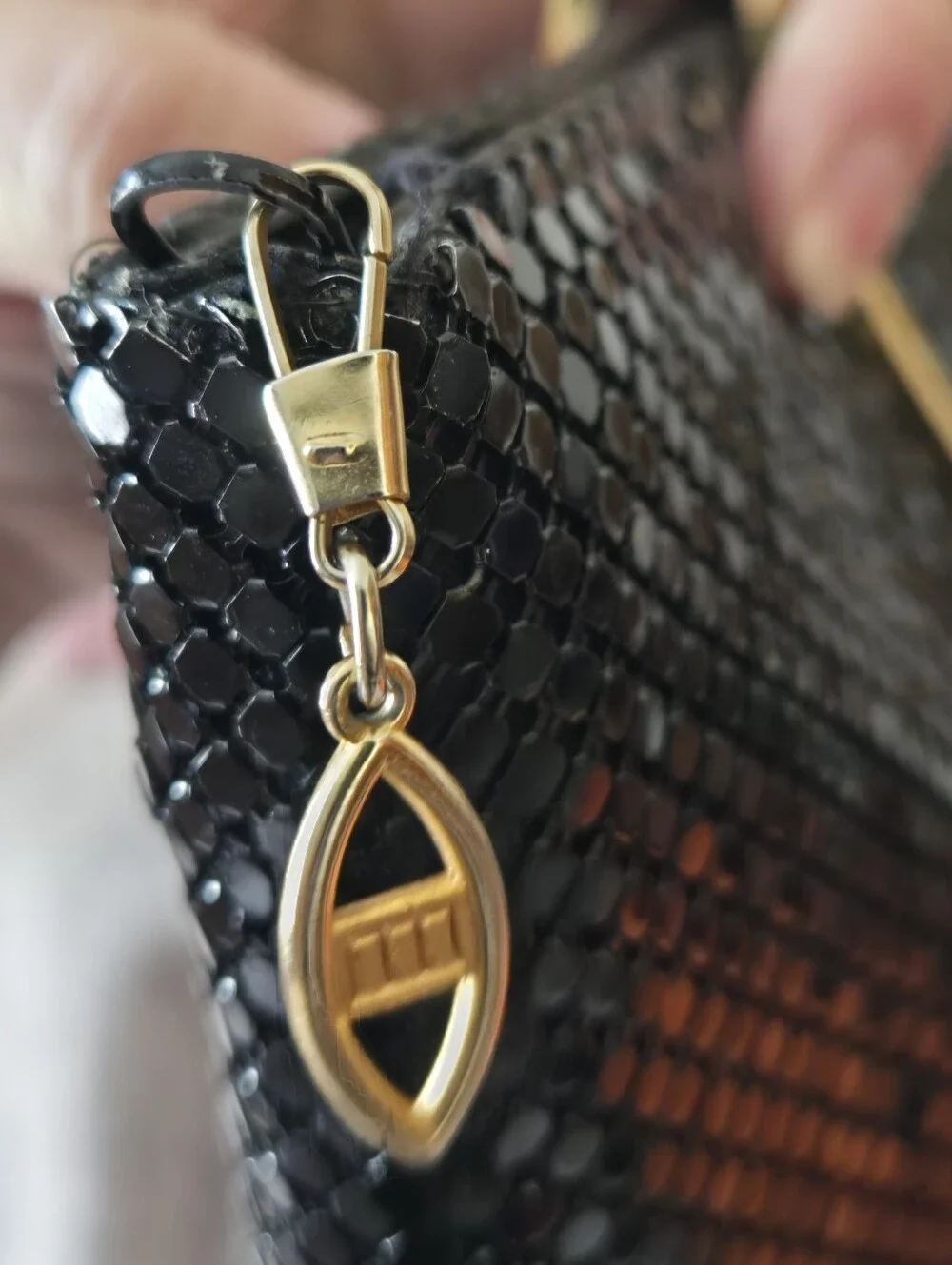 Black Metal Mesh Evening Bag Gold Ring Handle Chainmail Clutch Purse